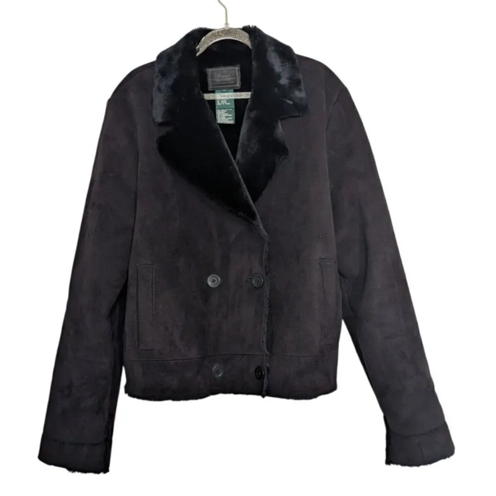 Lauren Ralph Lauren Faux Suede Fur Jacket Womens Size Large Black Double Breast